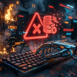 حادثة Claude AI - وكيل ذكاء اصطناعي يحذف قاعدة بيانات شركة بالكامل عن طريق الخطأ، إضاءة تحذيرية حمراء وخوادم متضررة على خلفية تقنية زرقاء داكنة