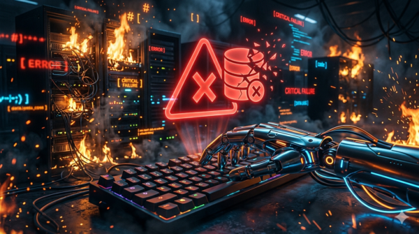 حادثة Claude AI - وكيل ذكاء اصطناعي يحذف قاعدة بيانات شركة بالكامل عن طريق الخطأ، إضاءة تحذيرية حمراء وخوادم متضررة على خلفية تقنية زرقاء داكنة