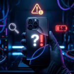 مشكلة iPhone 17 الغامضة - علامة استفهام وتحذير على شاشة آيفون 17 مع خلفية زرقاء داكنة وإضاءة نيون