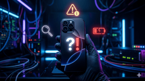 مشكلة iPhone 17 الغامضة - علامة استفهام وتحذير على شاشة آيفون 17 مع خلفية زرقاء داكنة وإضاءة نيون