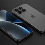 تصميم خيالي لهاتف iPhone 18 بشاشة كاملة وإطار تيتانيوم وكاميرا خلفية رباعية على خلفية داكنة