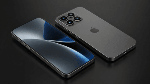 تصميم خيالي لهاتف iPhone 18 بشاشة كاملة وإطار تيتانيوم وكاميرا خلفية رباعية على خلفية داكنة