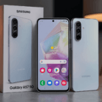 هاتف Samsung Galaxy A57 5G، إطار ألومنيوم، ظهر زجاجي، كاميرا خلفية ثلاثية العدسات (50MP OIS + 12MP فائقة الاتساع + 5MP ماكرو)، كاميرا أمامية 12MP، شاشة Super AMOLED Plus FHD+ 120Hz، ومقاومة للماء والغبار بمعيار IP68.