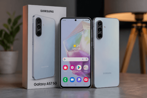 هاتف Samsung Galaxy A57 5G، إطار ألومنيوم، ظهر زجاجي، كاميرا خلفية ثلاثية العدسات (50MP OIS + 12MP فائقة الاتساع + 5MP ماكرو)، كاميرا أمامية 12MP، شاشة Super AMOLED Plus FHD+ 120Hz، ومقاومة للماء والغبار بمعيار IP68.
