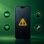 هاتف ذكي بشاشة متشققة وأيقونات حلول مشاكل الهواتف المحيطة به مثل البطارية والواي فاي والسرعة على خلفية خضراء داكنة