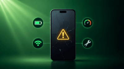هاتف ذكي بشاشة متشققة وأيقونات حلول مشاكل الهواتف المحيطة به مثل البطارية والواي فاي والسرعة على خلفية خضراء داكنة