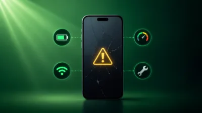 هاتف ذكي بشاشة متشققة وأيقونات حلول مشاكل الهواتف المحيطة به مثل البطارية والواي فاي والسرعة على خلفية خضراء داكنة