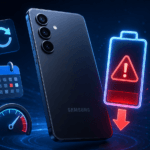 هاتف Samsung Galaxy S24 مع أيقونة بطارية تحذيرية ورمز تحديث برمجي على خلفية زرقاء داكنة، تعبيراً عن مشكلة استنزاف البطارية بعد تحديث أبريل