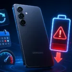 هاتف Samsung Galaxy S24 مع أيقونة بطارية تحذيرية ورمز تحديث برمجي على خلفية زرقاء داكنة، تعبيراً عن مشكلة استنزاف البطارية بعد تحديث أبريل