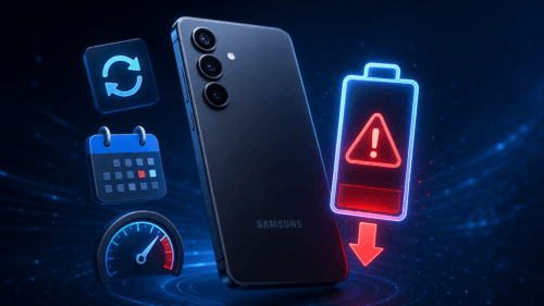 هاتف Samsung Galaxy S24 مع أيقونة بطارية تحذيرية ورمز تحديث برمجي على خلفية زرقاء داكنة، تعبيراً عن مشكلة استنزاف البطارية بعد تحديث أبريل