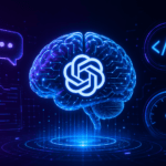 GPT-5.5 - صورة تعبيرية لدماغ رقمي مع شعار OpenAI ودوائر إلكترونية زرقاء متوهجة على خلفية أرجوانية داكنة