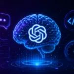 GPT-5.5 - صورة تعبيرية لدماغ رقمي مع شعار OpenAI ودوائر إلكترونية زرقاء متوهجة على خلفية أرجوانية داكنة