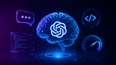 GPT-5.5 - صورة تعبيرية لدماغ رقمي مع شعار OpenAI ودوائر إلكترونية زرقاء متوهجة على خلفية أرجوانية داكنة