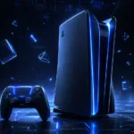 PS6 - تصميم مستقبلي تخيلي لجهاز PlayStation 6 مع وحدة تحكم DoubleSense بخلفية داكنة وإضاءة زرقاء