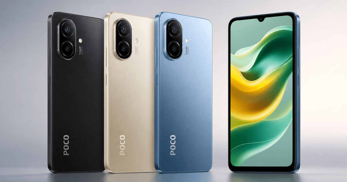 هاتف Xiaomi POCO C81 Pro بتصميم أنيق، كاميرا خلفية ثلاثية بدقة 50 ميجابكسل، شاشة كبيرة، وظهر مزود بألياف الكربون، على خلفية زرقاء داكنة بأضواء نيون، يعبر عن الأداء المتطور والقيمة الممتازة