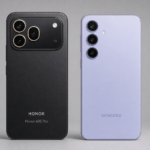 مقارنة بين Samsung A57 و Honor 600 في السعودية والإمارات – هاتفان جنباً إلى جنب على خلفية زرقاء داكنة مع أيقونات الكاميرا 50 ميجابكسل و 108 ميجابكسل والبطارية والشحن