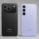 مقارنة بين Samsung A57 و Honor 600 في السعودية والإمارات – هاتفان جنباً إلى جنب على خلفية زرقاء داكنة مع أيقونات الكاميرا 50 ميجابكسل و 108 ميجابكسل والبطارية والشحن