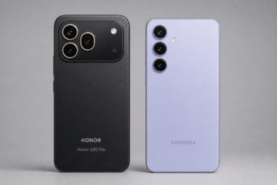 مقارنة بين Samsung A57 و Honor 600 في السعودية والإمارات – هاتفان جنباً إلى جنب على خلفية زرقاء داكنة مع أيقونات الكاميرا 50 ميجابكسل و 108 ميجابكسل والبطارية والشحن