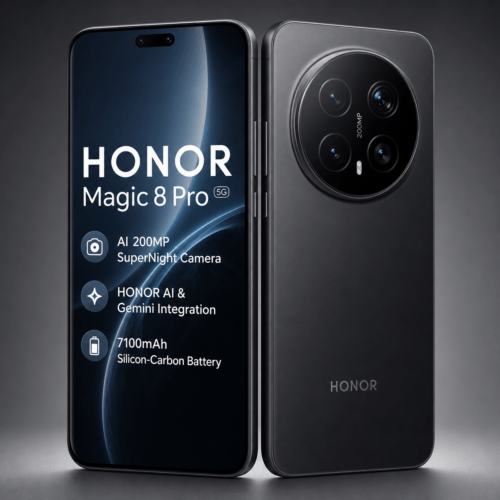 هاتف HONOR Magic 8 Pro بتصميم مستقبلي، كاميرا خلفية ثلاثية بدقة 200 ميجابكسل مع زوم بصري 10x، شاشة منحنية LTPO، يعكس أضواء نيون زرقاء وذهبية على خلفية داكنة، تعبير عن الفخامة والأداء العالي