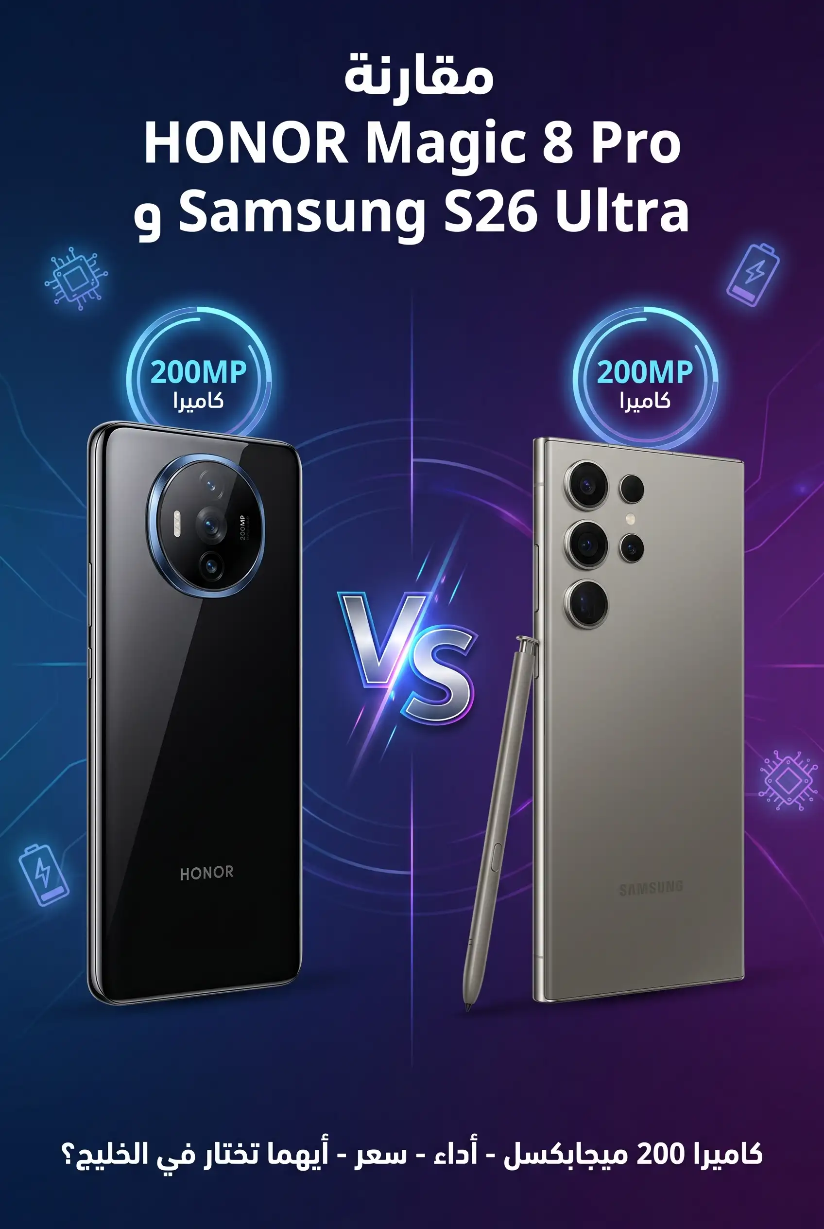 مقارنة بين HONOR Magic 8 Pro و Samsung S26 Ultra – هاتفان أحدهما من هونر والآخر من سامسونج، برواز التيتانيوم، كاميرا مزدوجة 200 ميجابكسل، معالج Snapdragon 8 Elite Gen 5، يستخدمان في السعودية والإمارات