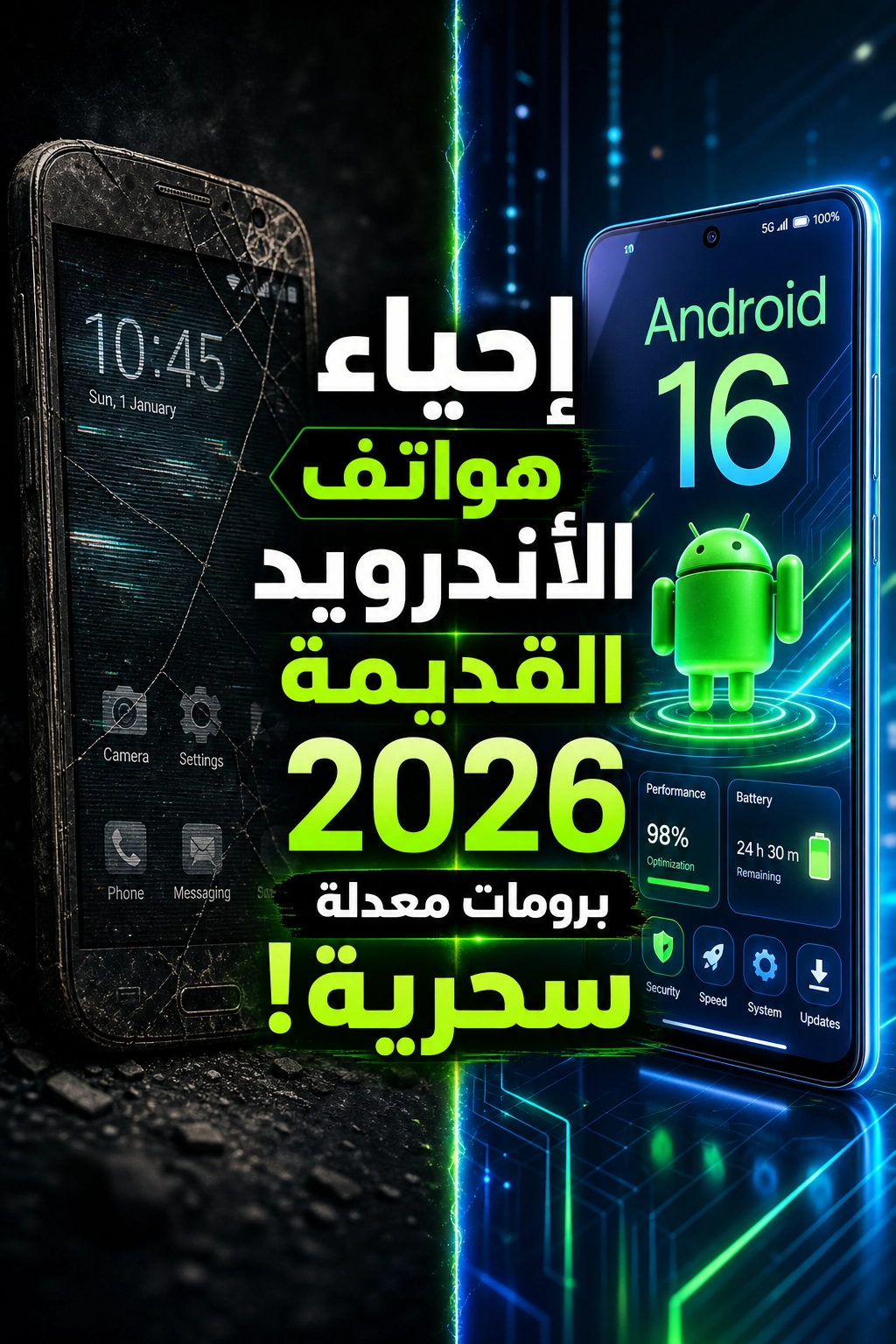 دليل الرومات المعدلة 2026 – صورة تعبيرية لهاتف أندرويد تظهر عليه أيقونات أنظمة LineageOS وcrDroid وPixelOS، خلفية تقنية زرقاء داكنة تعبر عن التطوير والبرمجة