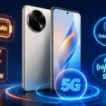 تصميم هاتف HONOR X7e Plus 5G، بطارية 7500 مللي أمبير، شحن سريع 45W، شهادة TDRA و SGS، خلفية تقنية زرقاء داكنة مع إضاءة نيون