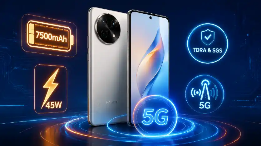 تصميم هاتف HONOR X7e Plus 5G، بطارية 7500 مللي أمبير، شحن سريع 45W، شهادة TDRA و SGS، خلفية تقنية زرقاء داكنة مع إضاءة نيون